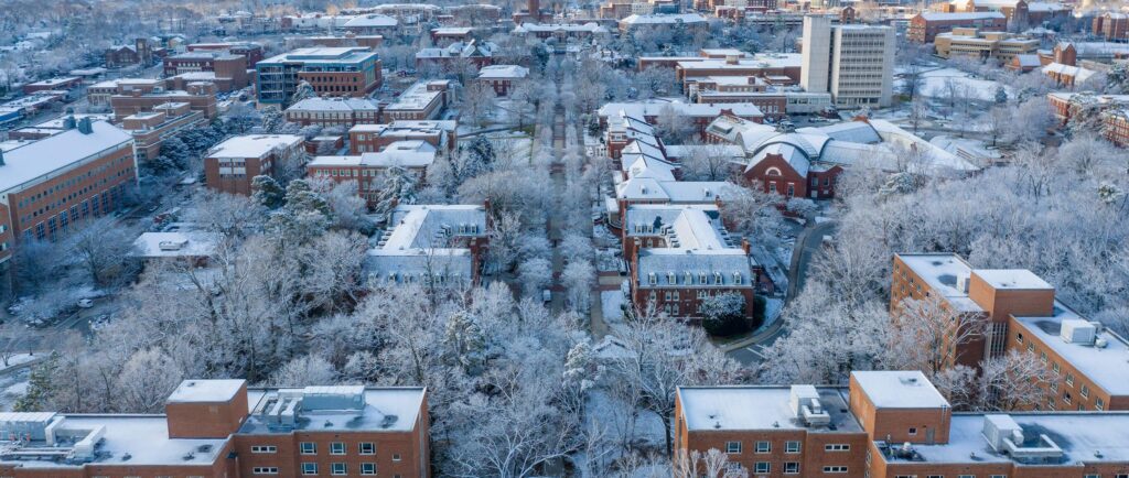 Aerial view of College Avenue during a winter snow event.
